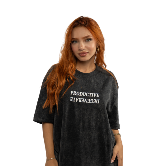 Oversized "Work Hard Play Hard" Japanese Tee - Black Acid Wash
